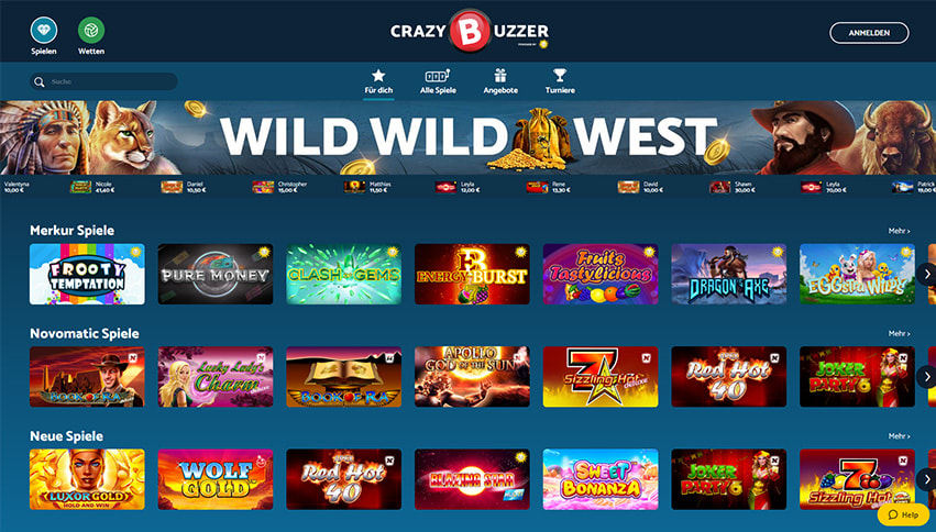 Bild der Startseite des Crazybuzzer Online Casino.