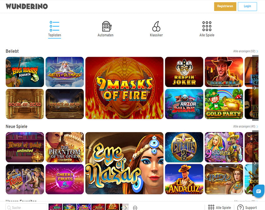 Bild der Startseite des Wunderino Online Casino.